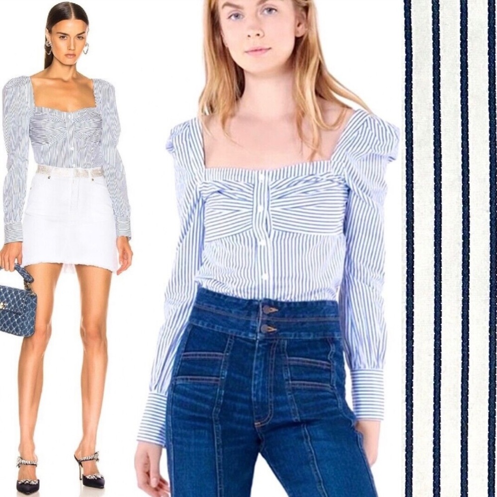VERONICA BEARD Frankie Blouse Puff Sleeve Shirt Victorian Blue White Stripe 6